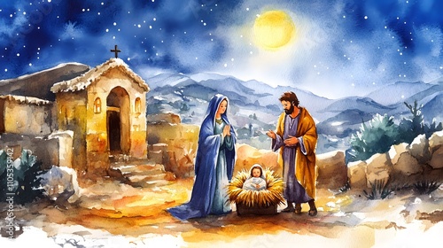 Nativity scene in Bethlehem. Watercolor painting. Christmas scene illustration showing holy family baby Jesus in the manger Mary and Joseph.