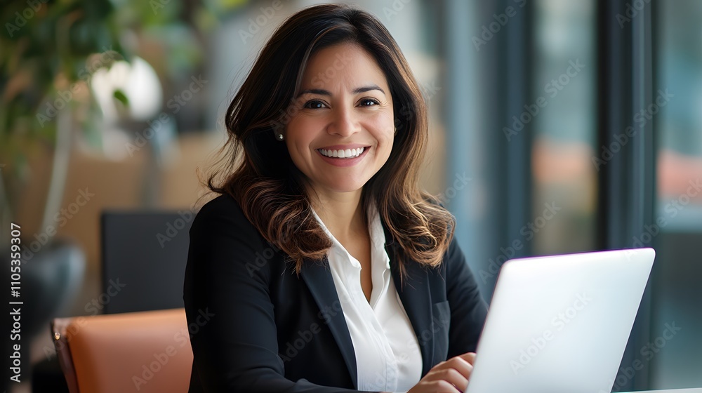Smiling portrait professional it specialist latin hispanic business lady working on laptop pc sitting in modern office. Smiling portrait professional it specialist latin hispanic business lady working on laptop pc sitting in modern office.