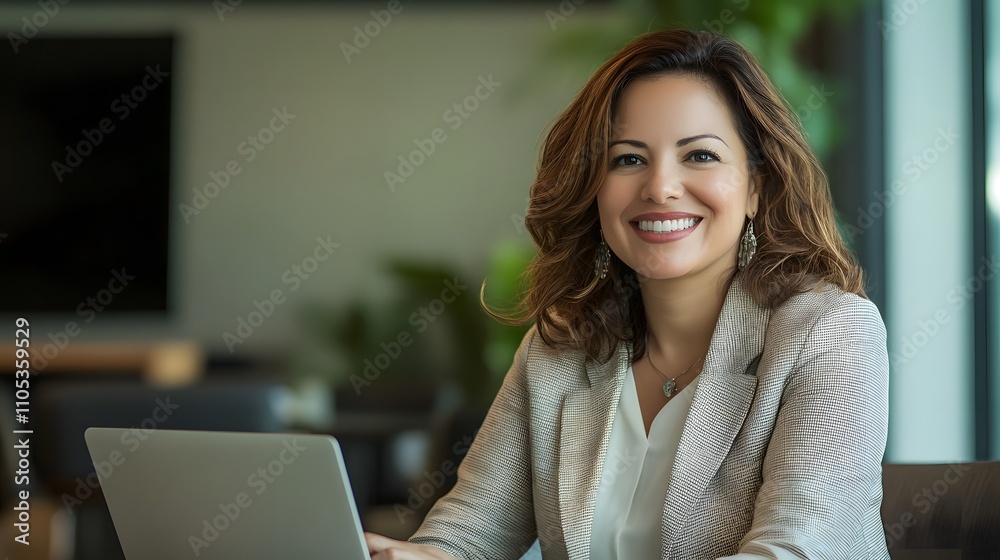Smiling portrait professional it specialist latin hispanic business lady working on laptop pc sitting in modern office. Smiling portrait professional it specialist latin hispanic business lady working on laptop pc sitting in modern office.