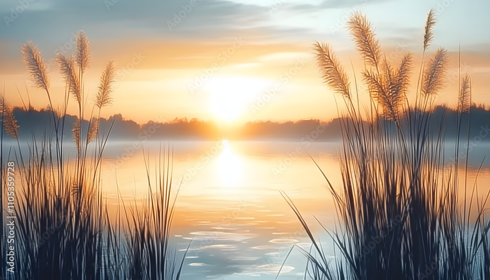 Watercolor Painting of a Sunset over a Lake with Tall Grass Watercolor Painting of a Sunset over a Lake with Tall Grass