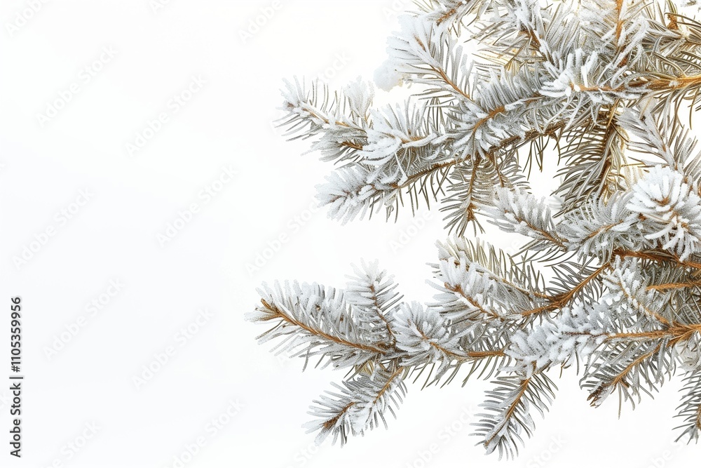 Frost-covered pine branches on a white background, close-up, top view. Frost-covered pine branches on a white background, close-up, top view.