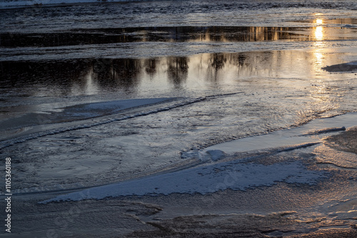 Kiiminkijoki river freezing over in Haukipudas, Oulu Finland photo