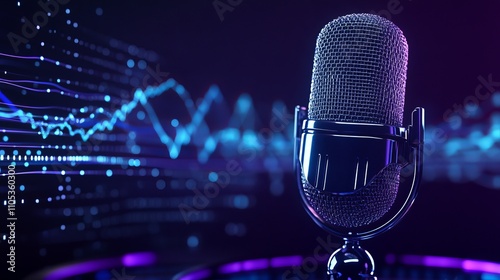 Microphone with a glowing radio wave visualization on a dark background suitable for sound production or audiofocused content photo