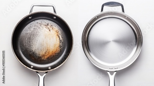 Kitchen sink scene comparing a burnt and stained cooking pan to the same pan cleaned to a shiny polished state