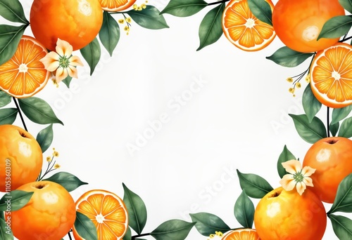 Watercolor illustration of fresh orange fruit. Beautiful border design with orange fruits, leaves, blossoms. Perfect for labels, prints banners. Juicy, healthy fruit image. Organic product design.