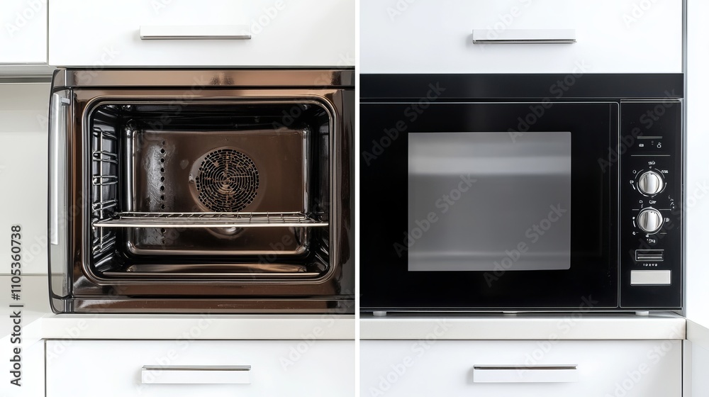 Microwave oven closeup showing the stark contrast between dirty and clean surfaces before and after washing Microwave oven closeup showing the stark contrast between dirty and clean surfaces before and after washing
