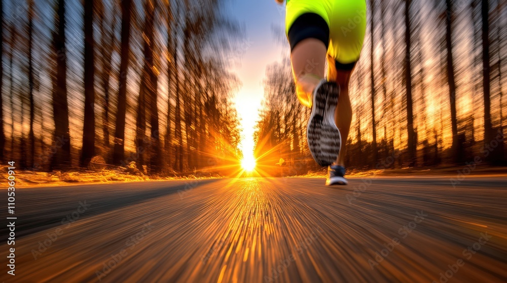 Runner in reflective gear on evening road, pushing through final miles of long-distance run