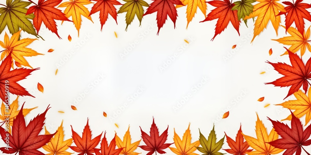 Colorful autumn leaves create beautiful frame. Maple leaves in vibrant shades of orange red, yellow. Seasonal design for autumn, fall. Perfect for invitations decorations. Illustration shows autumn Colorful autumn leaves create beautiful frame. Maple leaves in vibrant shades of orange red, yellow. Seasonal design for autumn, fall. Perfect for invitations decorations. Illustration shows autumn