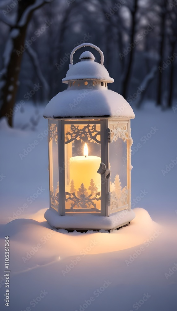 Glowing Snow Lantern with Candle in Soft, Untouched Snow at Night Glowing Snow Lantern with Candle in Soft, Untouched Snow at Night