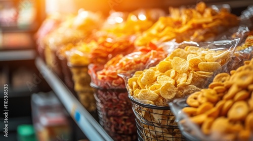 A vibrant display of assorted snacks, highlighting various textures and colors in alluring packaging. photo