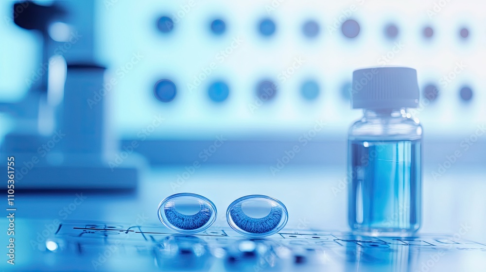 An eye chart blurred in the background with a pair of contact lenses and solution in the foreground. An eye chart blurred in the background with a pair of contact lenses and solution in the foreground.