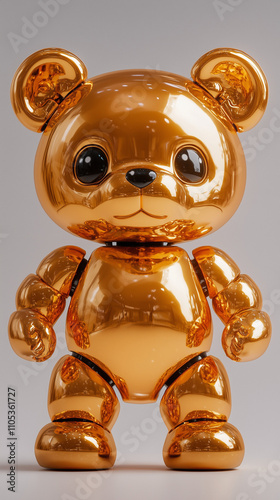 3D golden teddy bear figurine with a reflective metallic surface, standing upright. Perfect for luxury, toy design, or decor theme photo