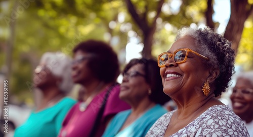 Joyful older Black woman wearing glasses, surrounded by friends in a sunny outdoor setting.