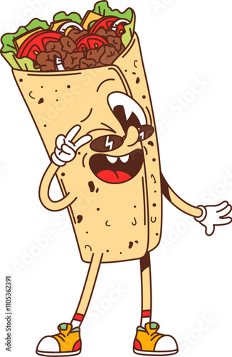 Cartoon groovy fast food shawerma character. Street restaurant doner kebab funny groovy mascot, burrito cute cartoon isolated vector personage. Fast food shawerma takeaway menu meal cheerful character
