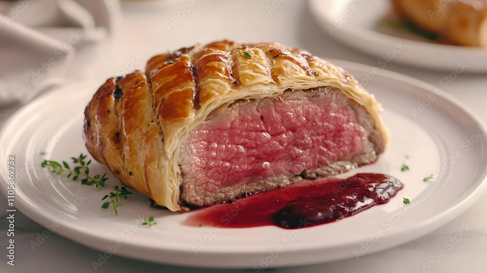 Classic Beef Wellington with Golden Puff Pastry and Red Wine Sauce, Luxury Fine Dining Photography Classic Beef Wellington with Golden Puff Pastry and Red Wine Sauce, Luxury Fine Dining Photography