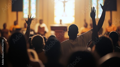 A diverse congregation raises hands in worship during a service filled with hope.