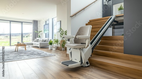 An automatic stair lift chair in a spacious home, illustrating functionality and thoughtful design.
