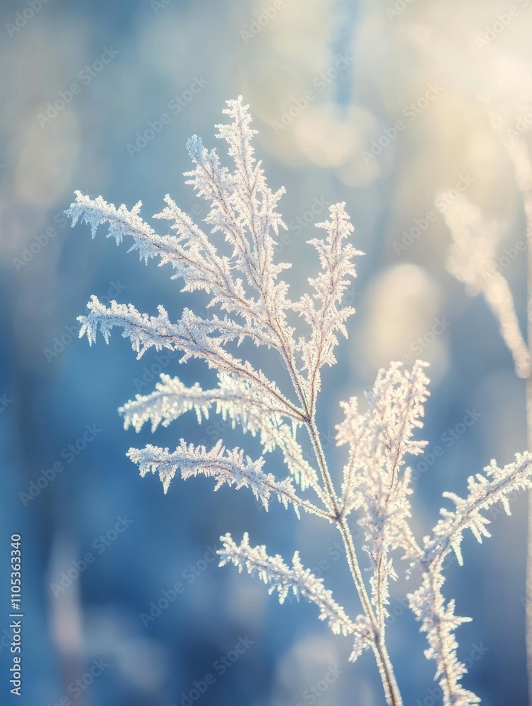 Frost-covered branch against soft blue background
Frost-covered branch against soft blue background