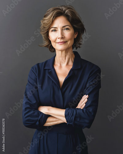 Confident mature businesswoman entrepreneur with arms crossed, successful older female executive in bright office workspace business portrait
