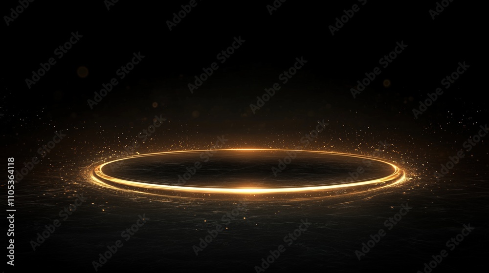 Abstract glowing golden circle on a black surface with sparkles Abstract glowing golden circle on a black surface with sparkles