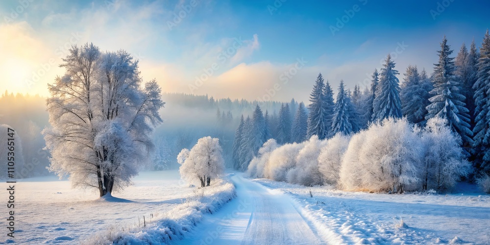 Winter wonderland road scene with frost covered trees and a sunlit sky Winter wonderland road scene with frost covered trees and a sunlit sky