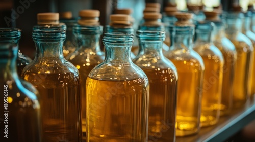 A row of glass bottles filled with a golden liquid, on a shelf