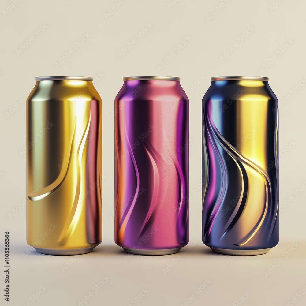 Fototapeta premium Three Colorful Soft Drink Cans in Smooth Metallic Finish