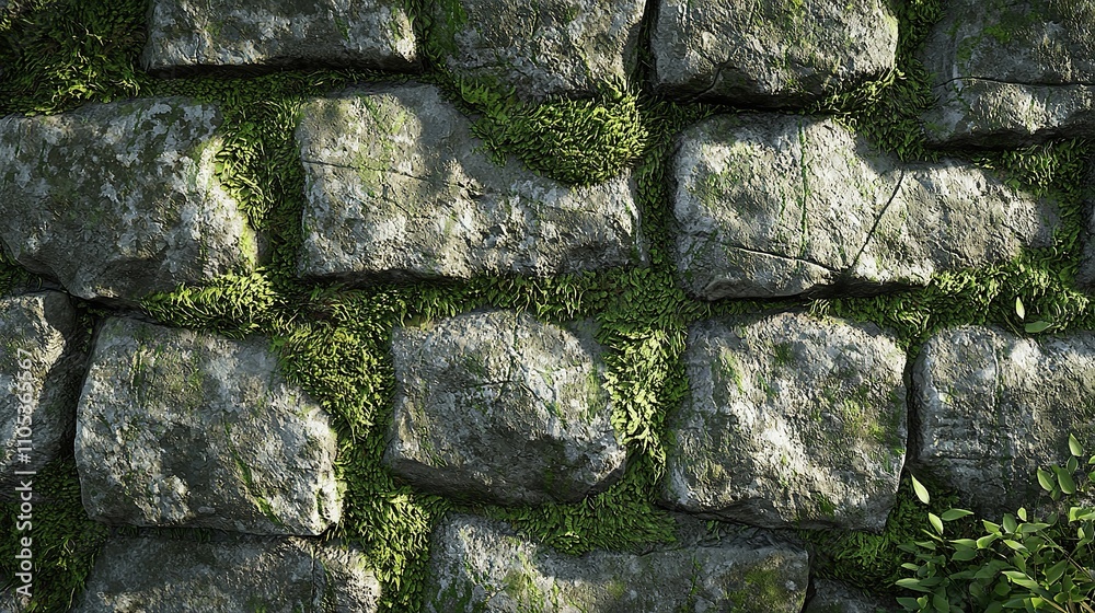 Weathered stone wall covered with green moss and foliage in a natural setting Weathered stone wall covered with green moss and foliage in a natural setting