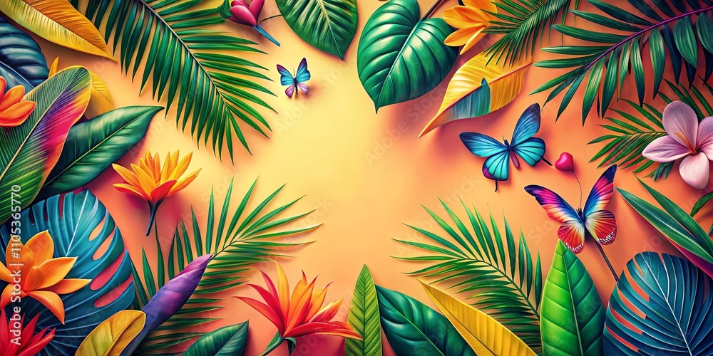 Naklejka premium Vibrant Tropical Paradise A Lush Arrangement of Exotic Flowers and Butterflies on a Warm Background
