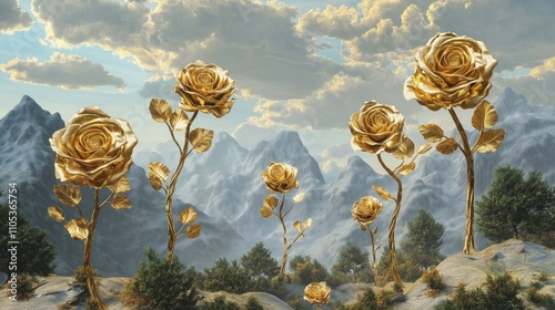 Golden roses stand tall on trees among majestic mountains. Landscape features large golden roses, resembling stylized trees, against backdrop of misty mountains. Nature scene evokes luxury, beauty.