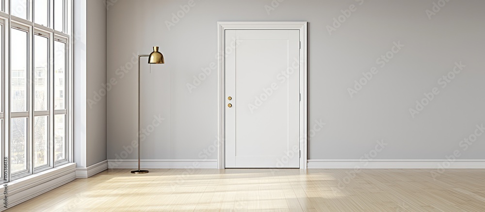 Fototapeta premium A clean white room with bamboo floors, a steel door, and soft light streaming through windows.