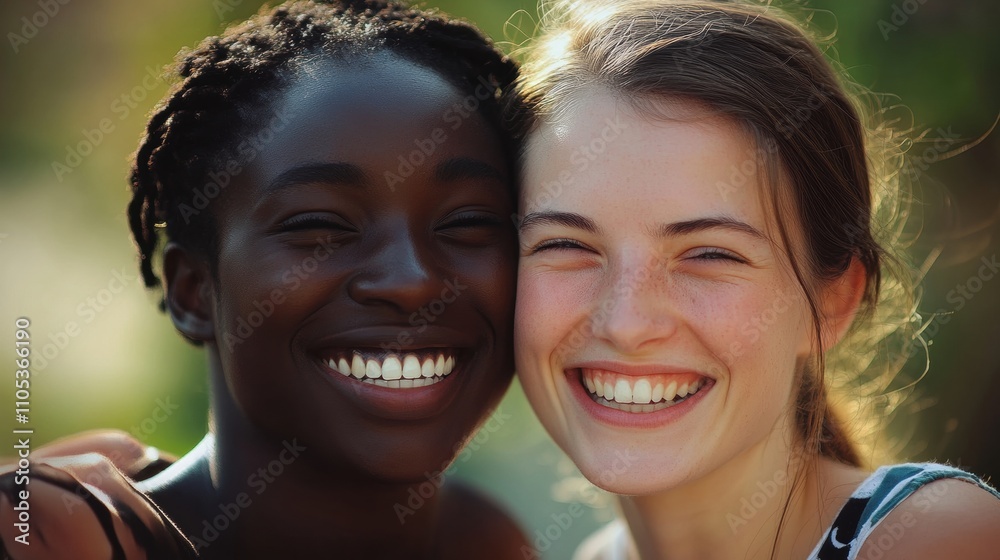 Two smiling young women, one with dark skin and dreadlocks, the other with light skin and straight hair. Two smiling young women, one with dark skin and dreadlocks, the other with light skin and straight hair.