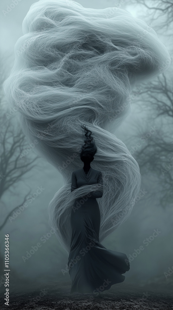 Silhouette of a mysterious figure wrapped in flowing ethereal mist, set in a foggy forest with barren trees, evoking an eerie and supernatural atmosphere Silhouette of a mysterious figure wrapped in flowing ethereal mist, set in a foggy forest with barren trees, evoking an eerie and supernatural atmosphere