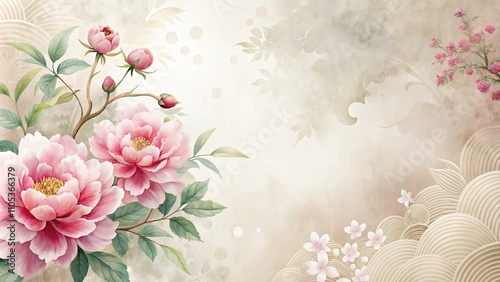 Elegant Pink Peonies and Delicate Blossoms on a Soft Beige Background with Artistic Floral Design Elements