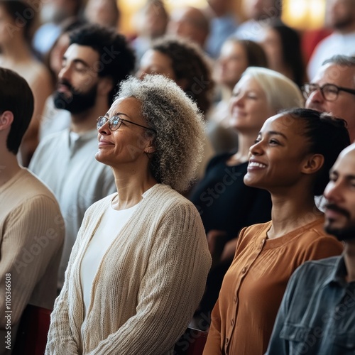 Diverse audience listening attentively, showcasing joy and engagement in a lecture setting. photo