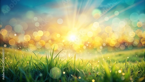 Golden Hour Meadow Vibrant Green Grass Under a Bright, Sparkling Sky