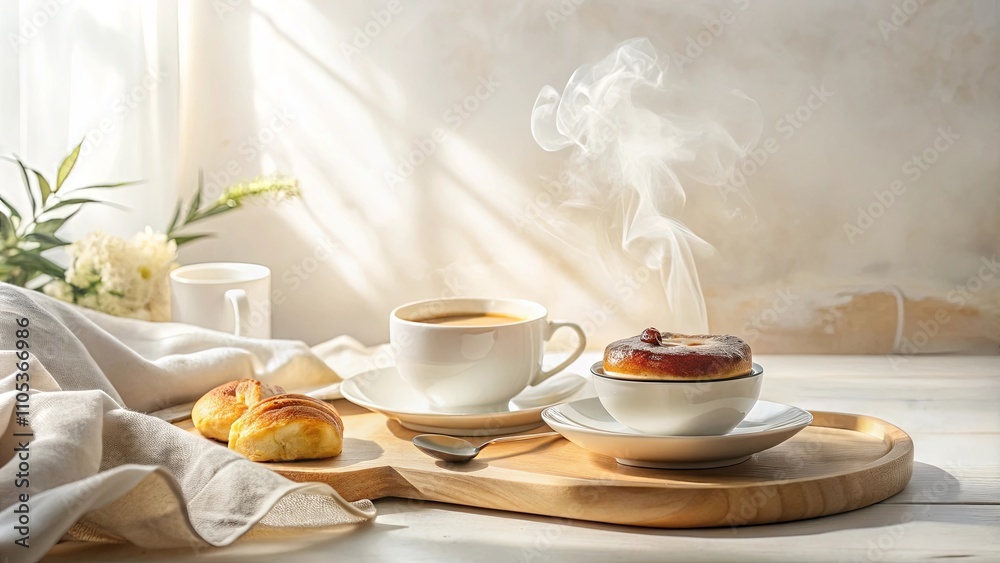 Serene Morning Warm Coffee, Steaming Pastry, and Sweet Bread Rolls on a Wooden Tray Serene Morning Warm Coffee, Steaming Pastry, and Sweet Bread Rolls on a Wooden Tray