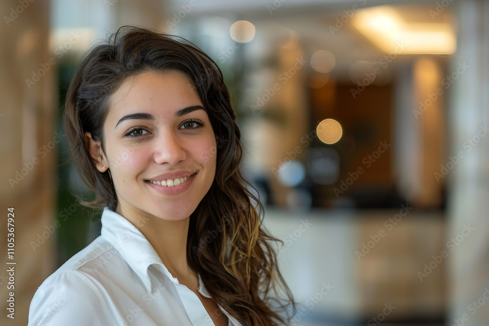 Generative AI Image of Smiling Female Receptionist at Hotel Lobby Desk Generative AI Image of Smiling Female Receptionist at Hotel Lobby Desk