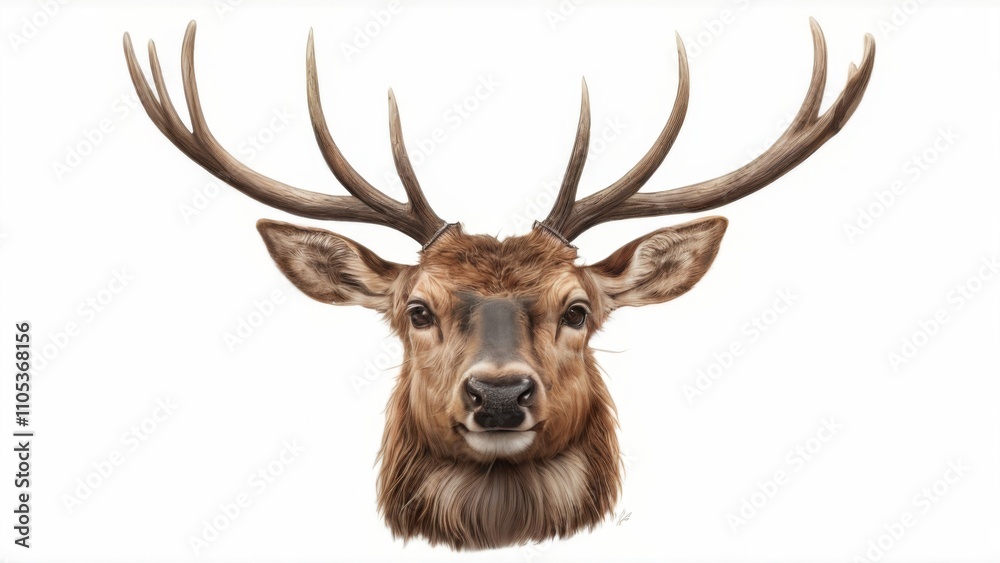 Realistic digital illustration of a deer with large pointed antlers on white background. Eyes closed, mouth slightly open. Realistic digital illustration of a deer with large pointed antlers on white background. Eyes closed, mouth slightly open.