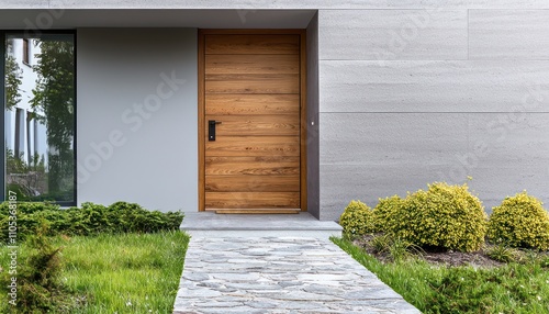 A clean-lined wooden door with soft grey walls and a simple stone pathway leading to it.