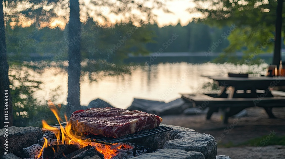 A beef steak grilling on a stone-lined fire pit, surrounded by a serene lakeside camping setup. A beef steak grilling on a stone-lined fire pit, surrounded by a serene lakeside camping setup.