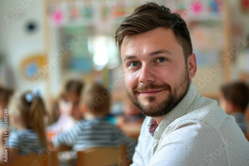 Generative AI Image of Male Babysitter or Teacher in Nursery Engaging with Children in Playful Setting