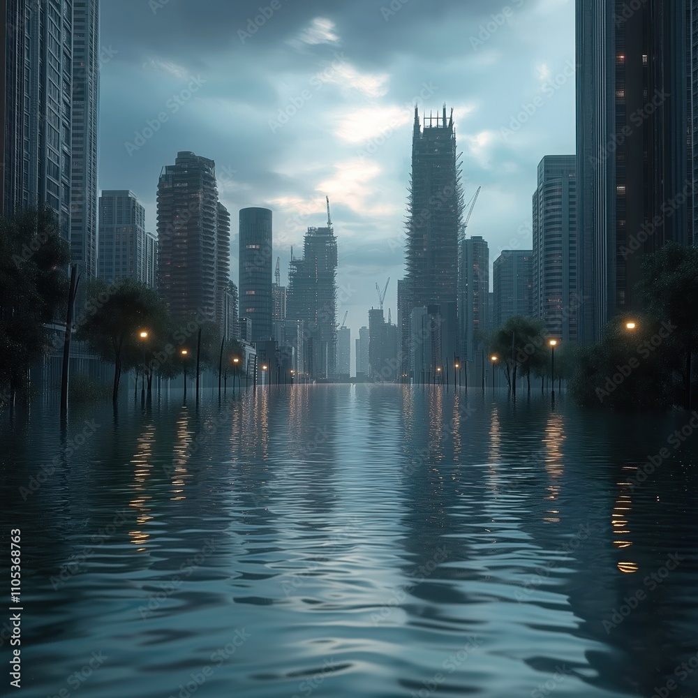 Fototapeta premium Flooded city street. High buildings stand around. Water covers road. Dark sky, cloudy weather. Eco disaster concept. City submerged under water. Urban area flooded due to sea level rise. Climate