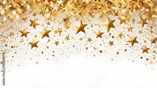 "Golden confetti in the shape of stars, isolated on a white background."

