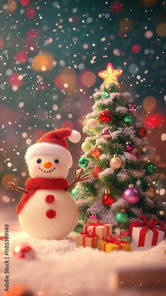 Christmas scene a wool snowman standing next to a felt Christmas tree, felt art style with bright holiday colors, christmas card for greeting Christmas scene a wool snowman standing next to a felt Christmas tree, felt art style with bright holiday colors, christmas card for greeting