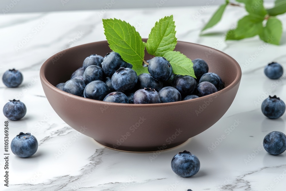 Fresh Blueberries in a Brown Bowl with Green Leaves Fresh Blueberries in a Brown Bowl with Green Leaves
