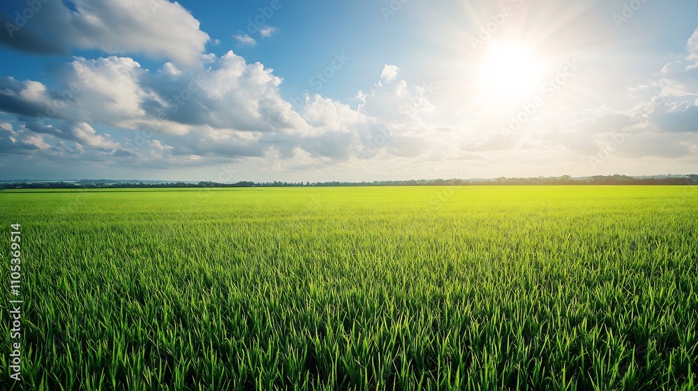 Obraz premium Tranquil Green Field Landscape Under a Sunny Sky