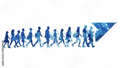 Digital illustration group people walking line are different Silhouettes