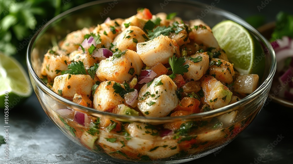 Barramundi ceviche served in a glass bowl with diced avocado, red onion, cilantro, and lime wedges on the side Barramundi ceviche served in a glass bowl with diced avocado, red onion, cilantro, and lime wedges on the side