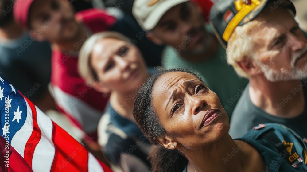 Fototapeta premium Emotionally charged group of diverse individuals looking up at a rally, holding an American flag.